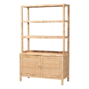 bali & pari Mortis Natural Rattan Open-Shelf Storage Cabinet - 4-Tier Display Shelf with Double Door Base, Coastal Boho Wicker Bookcase or Hutch for Living, Dining Room or Office Organization